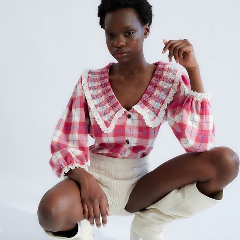 TACH Lila Pink Plaid Ruffle Button Down Shirt Top Blouse
